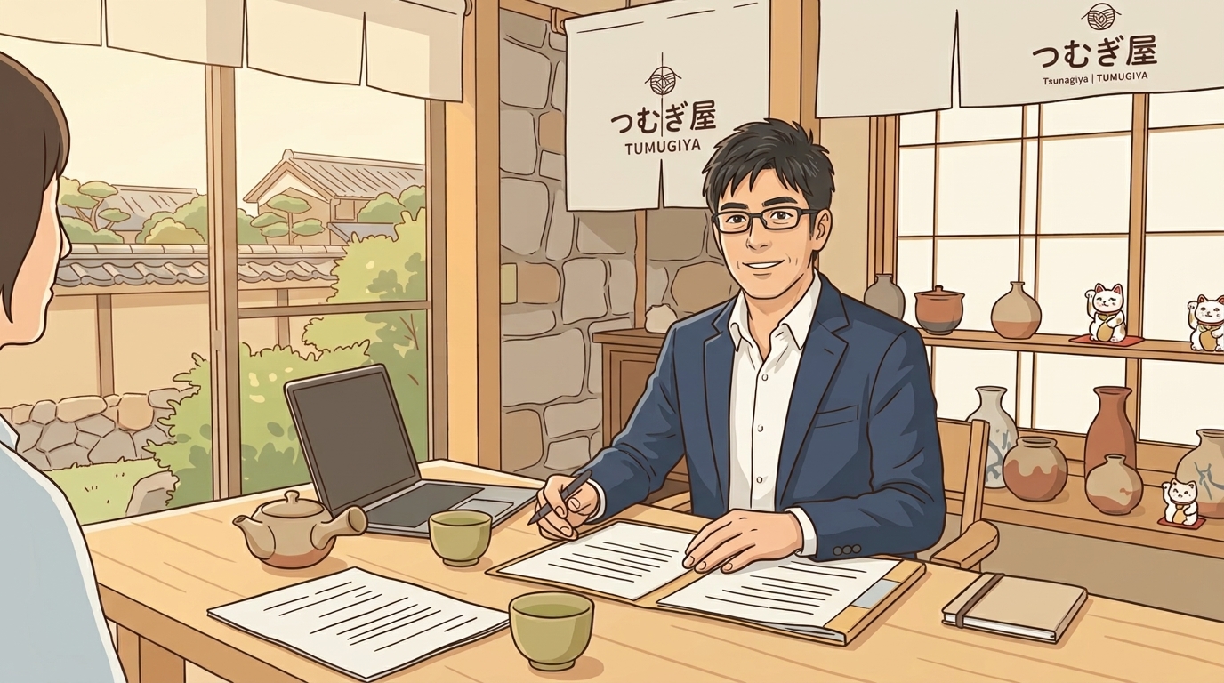 つむぎ屋のキービジュアル。和室の机で相談を受けている様子