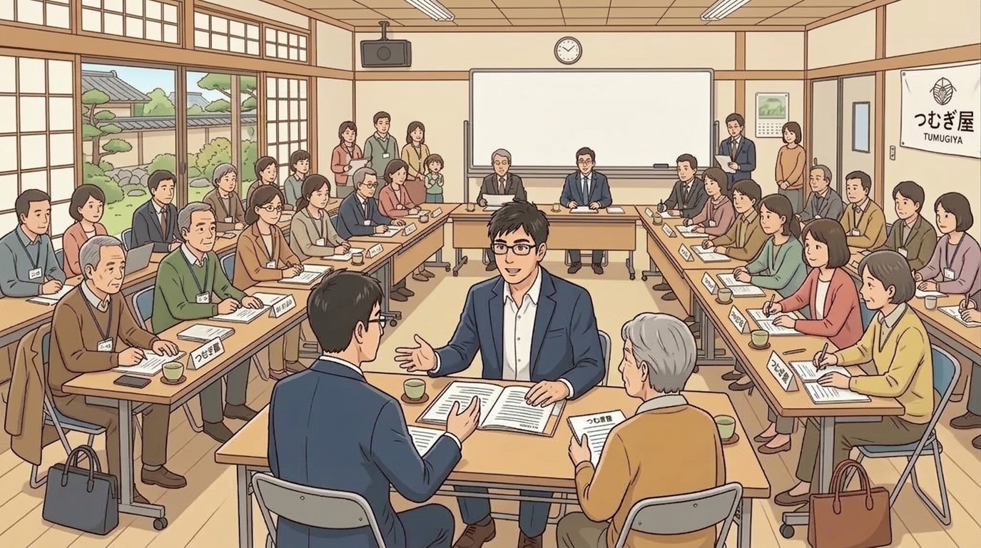 自治会の運営について相談を受けているつむぎ屋のイラスト