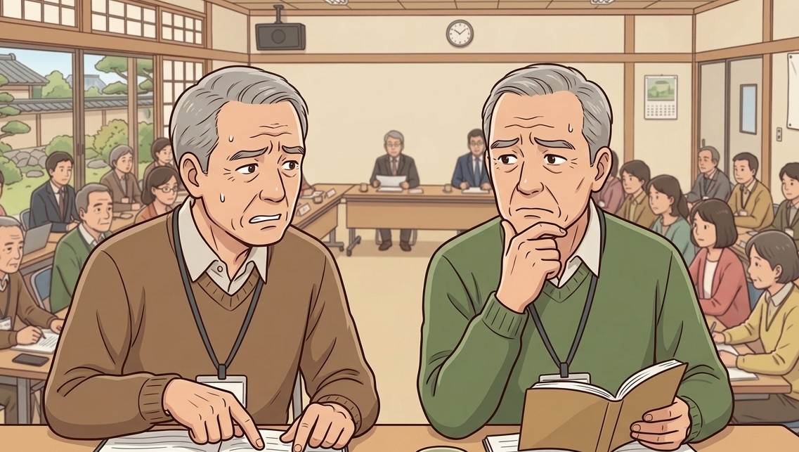 自治会の会議で困っている役員のイラスト