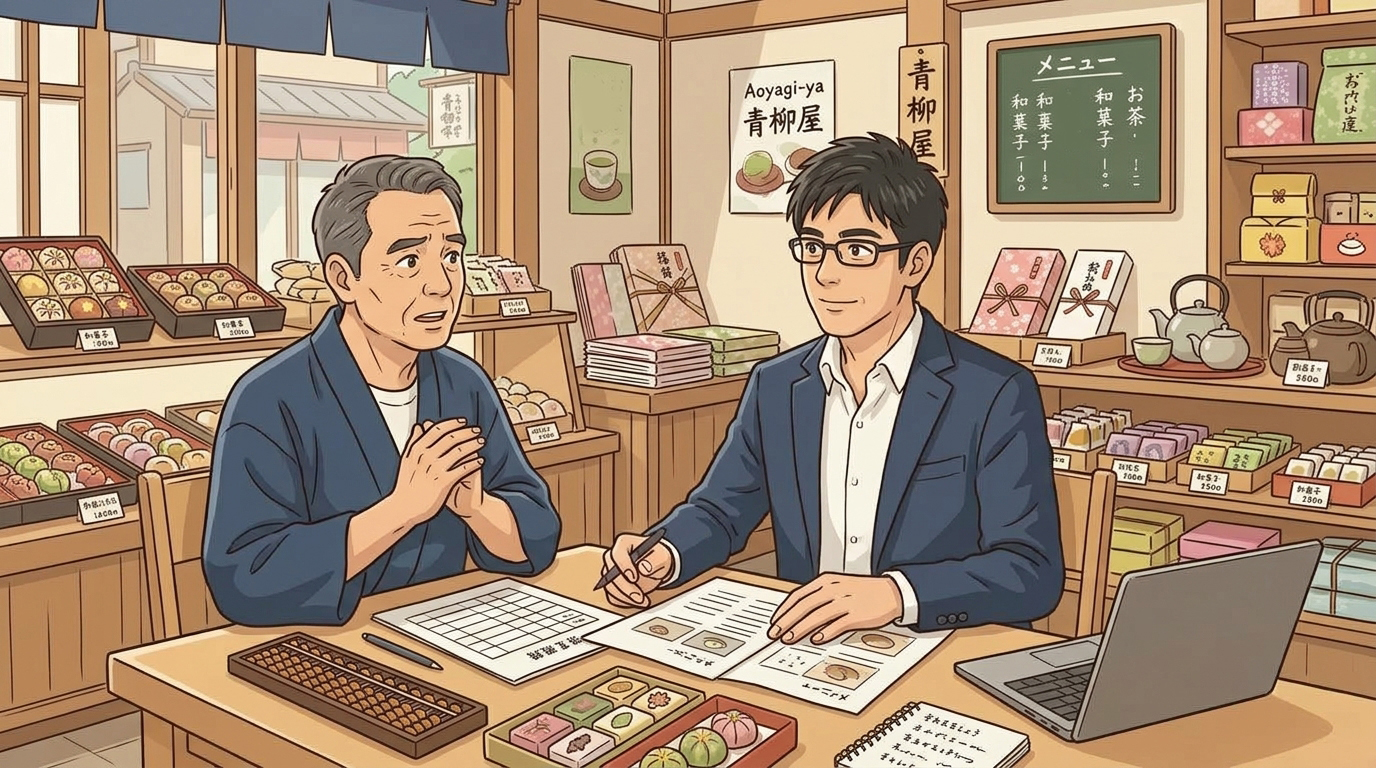 和菓子店で相談を受けているつむぎ屋のイラスト