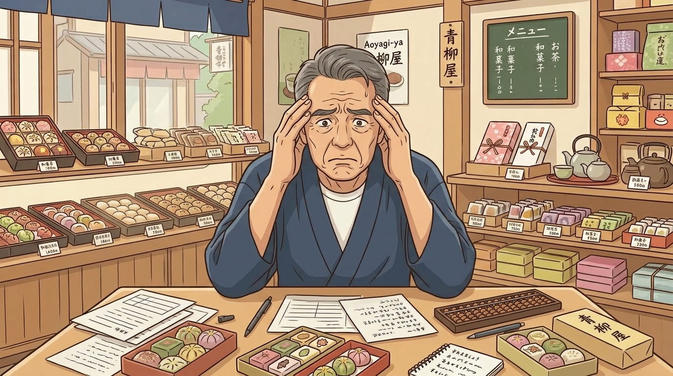 見積書や帳簿の作業に頭を抱える和菓子店店主のイラスト